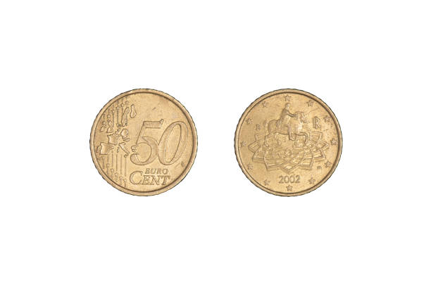 istock 50 euro cent coin 2002 on a black background. Close-up on two sides. 1370248516