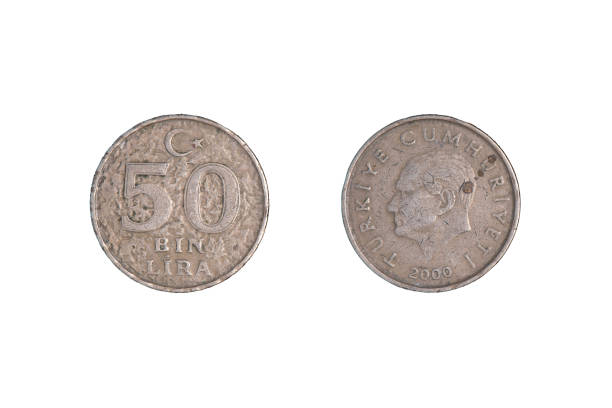 istock 50 bin lira coin. black background on both sides, 2000 Turkey 1370248805