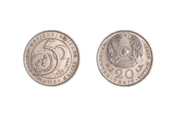 istock 20 tenge Kazakhstan 1995 year. Isolated object on a black background. Close-up on both sides 1370249413