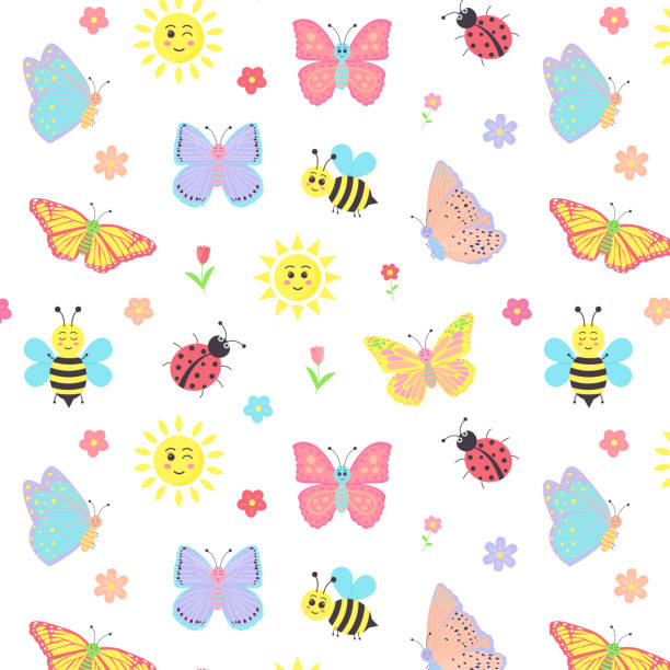 bildbanksillustrationer, clip art samt tecknat material och ikoner med colorful cartoon butterflies, bees, suns, ladybugs and flowers seamless pattern background. - pentatomidae