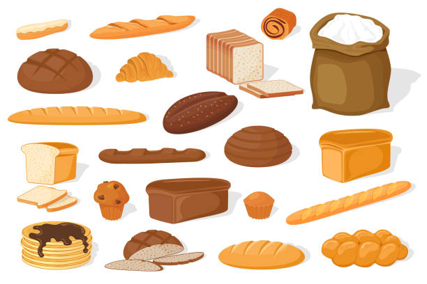 ilustrações, clipart, desenhos animados e ícones de produtos de padaria em um fundo branco - baked bread breakfast brown
