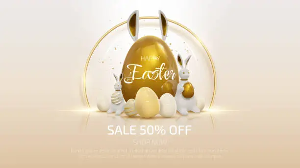 Vector illustration of Realistic 3d rabbit with easter golden egg elements with ribbon decorations.