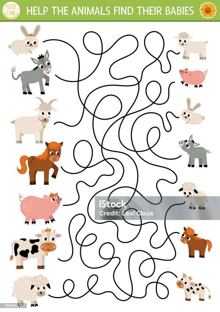 Farm Maze For Kids With Animals And Their Babies Country Side Preschool  Printable Activity With Cute Goat Pig Horse Sheep Cow Mothers Day Labyrinth  Game Puzzle With Family Love Concept Stock Illustration -
