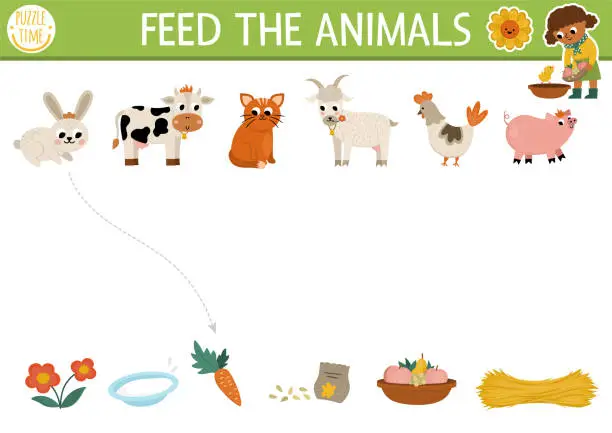 Vector illustration of Farm matching activity with cute animals and food. Country puzzle with rabbit, cow, cat, hen, goat, pig. Match the objects game. Feed the animals printable worksheet. On the farm match up page