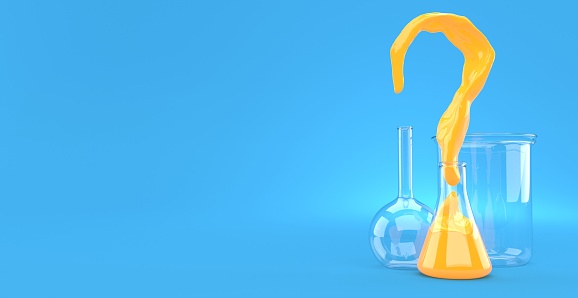 Chemistry flask with question mark on blue background. 3d illustration