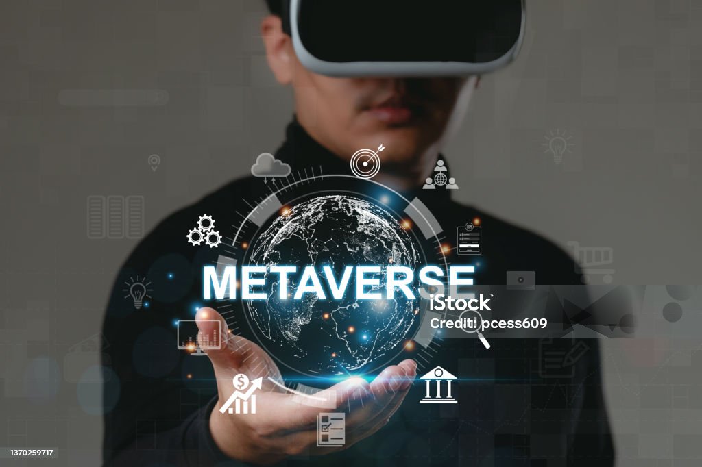 Man wearing VR glasses shows the future world of the metaverse, Global Business, Digital marketing, Metaverse, Digital link tech, future technology. Metaverse world virtual reality technology concept. Metaverse Stock Photo
