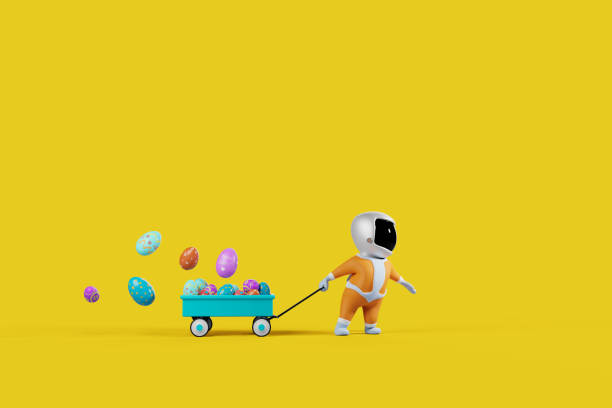 istock easter eggs in a wagon and a little cartoon spaceman pulling it. 3D rendering. 1370260803