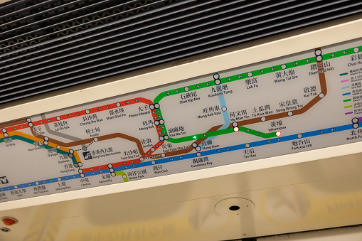 Hong Kong - February 13, 2022 : MTR System Map inside the train in Hong Kong. MTR is a major public transport network serving Hong Kong.