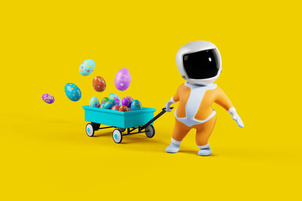 istock Little space boy pulling a toy wagon full of easter eggs 1370260807