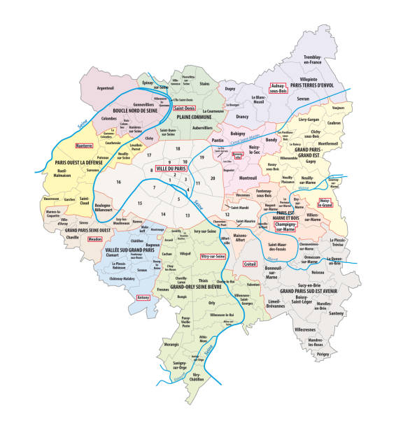 Map of the municipal associations created in 2016 in the metropolitan area of Greater Paris, France Map of the municipal associations created in 2016 in the metropolitan area of Greater Paris, France ile de france stock illustrations