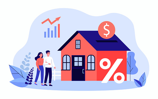 Happy married cartoon couple buying house. Husband and wife investing into real estate flat vector illustration. Family, investment, mortgage concept for banner, website design or landing web page