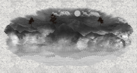 Black and white wallpaper 3d canvas landscape. mountains, trees, clouds, and moon in gray background.\nfor wall decorative