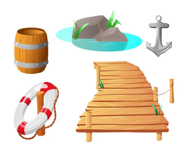 Vector illustration of Wooden pier, anchor, flotation ring cartoon illustration set