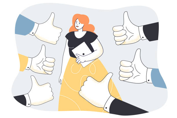 счастливая бизнес-леди в окружении больших пальцев вверх рук людей - clapping applauding gratitude human hand stock illustrations