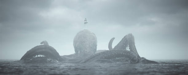 géant kraken squid octopus tentacules sea monster avec woman beast master rider rising out of the sea miniature lord of the print - calmar géant photos photos et images de collection