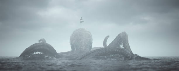 calamaro gigante kraken polpo tentacoli mostro marino con donna bestia maestro cavaliere che sorge dal mare in miniatura signore della stampa - kraken foto e immagini stock