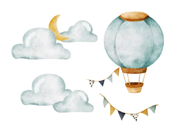 Watercolor set with hot air balloons and garland. Watercolor set with hot air balloons and garland. Hand painted sky illustration with aerostate, clouds, moon and flags. Isolated on white background. baby shower stock illustrations