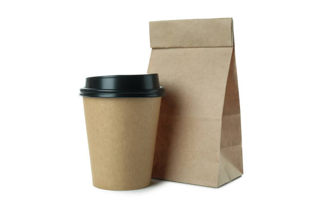 istock Paper cup and paper bag isolated on white background 1370265842