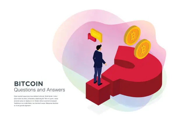Vector illustration of Bitcoin isometric composition with bitcoin symbol, analysts and managers working on crypto start up. Landing page template. Vector isometric illustration. stock illustration