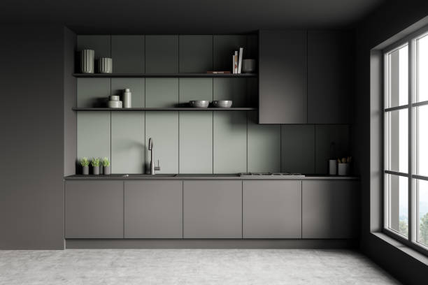 istock Minimalist grey kitchen cabinet with green backsplash 1370266475