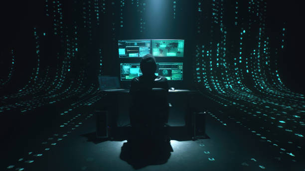 Alone hacker in dark space stock photo