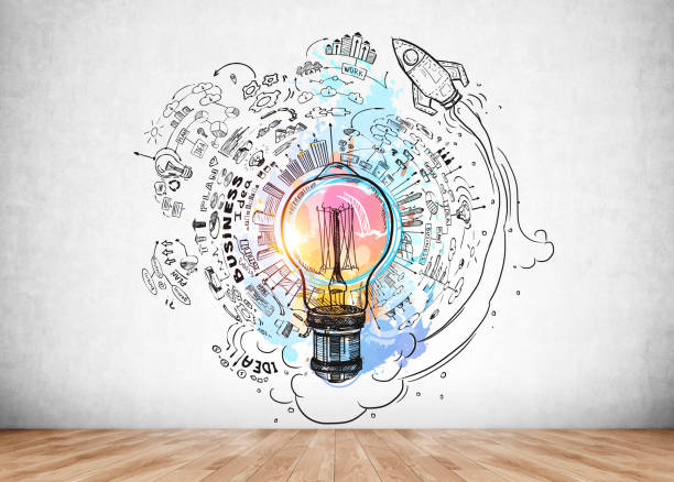 istock Colourful sketch with large light bulb, rocket launch, business 1370267248