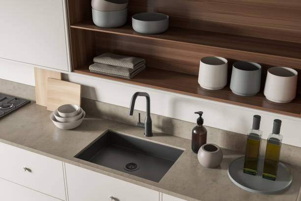 istock Top view of light kitchen set interior with sink and stove, kitchenware 1370267372