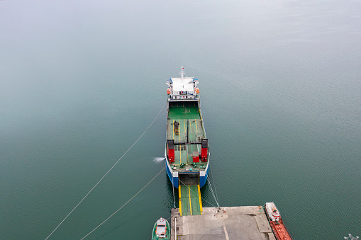 Top view of Ro Ro ship in an international port.