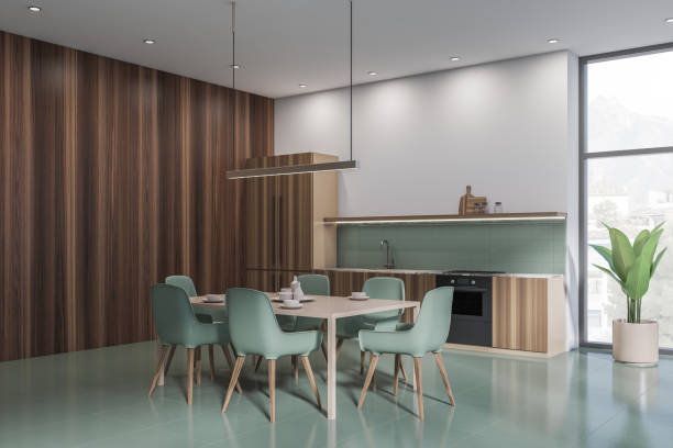 istock Green and wooden kitchen set interior with dining table and chairs, window 1370267525