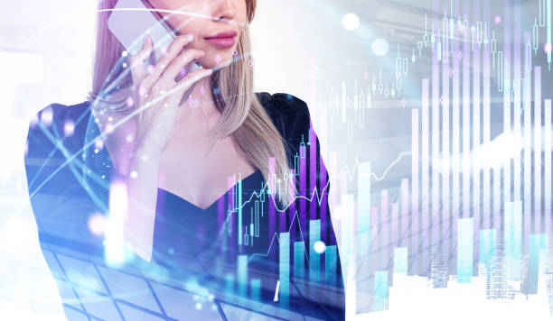 istock Woman calling on the phone, bar chart with candlesticks and earth sphere 1370267568