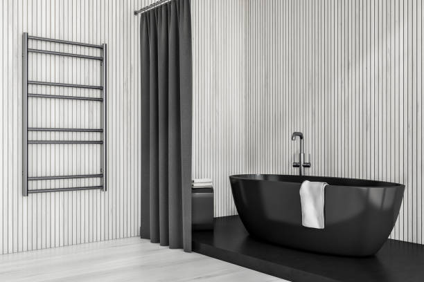 istock Corner view on dark bathroom interior with bathtub, wooden walls 1370267719