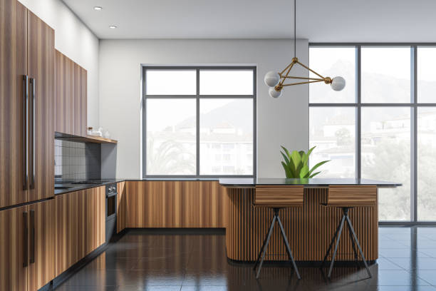 istock Wooden kitchen set interior with table and bar chairs, panoramic window 1370268299
