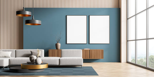 istock Light guest room interior with sofa and drawer near window, mockup posters 1370268391