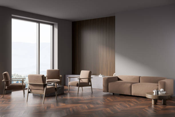istock Dark living room interior with empty grey wall, four armchairs 1370268524