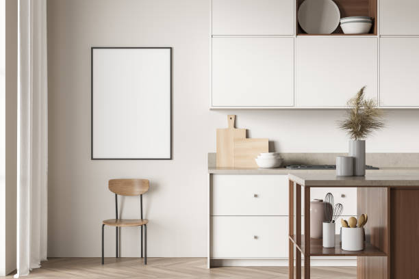 istock Light kitchen interior with appliances and parquet floor, mock up poster 1370268786