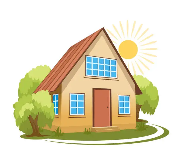 Vector illustration of Summer landscape. House surrounded by trees