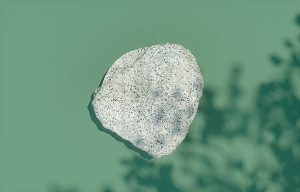 Natural stone plate with foliage shadow background for product display. Flat lay. Top view.