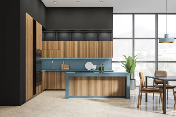 istock Black and wooden kitchen set interior with dining table and chairs, window 1370269531