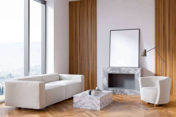 istock Bright living room interior with empty white poster, panoramic window 1370269611