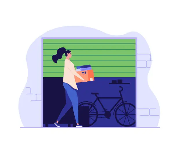 Vector illustration of Woman carrying personal items to rental self-storage unit. Girl walk keeping bicycle in garage. Concept of self storage unit, small mini warehouse, rental garage. Vector illustration in flat design