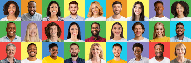 istock Collage of multiethnic joyful people smiling on color studio backgrounds, panorama. International human society concept 1370269890