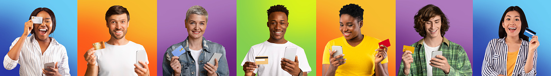 Online Shopping Concept. Row Set Collage Of Diverse People Using Smartphones Holding Credit Cards Isolated On Different Colorful Studio Backgrounds. Excited Multiracial Men And Women Making Purchase