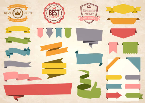 Set of Vintage multicolored ribbons, banners, badges and labels (Red, orange, yellow, green, blue, gray, pink), isolated on a brown retro background with an effect of old textured paper. Elements for your design, with space for your text. Vector Illustration (EPS10, well layered and grouped). Easy to edit, manipulate, resize or colorize.