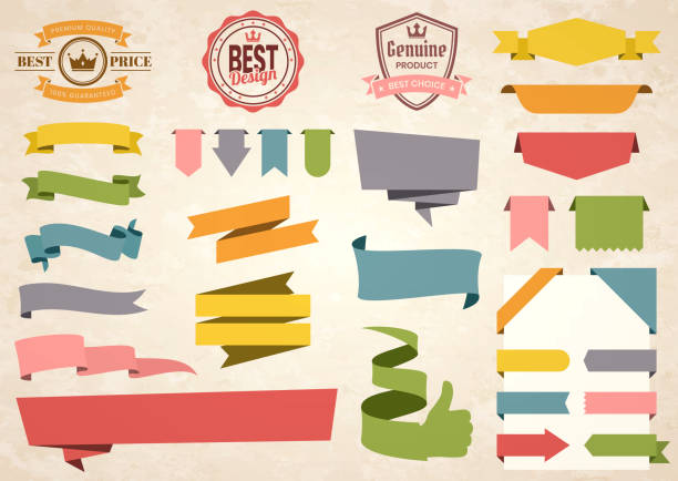 Set of Colorful Vintage Ribbons, Banners, badges, Labels - Design Elements on retro background Set of Vintage multicolored ribbons, banners, badges and labels (Red, orange, yellow, green, blue, gray, pink), isolated on a brown retro background with an effect of old textured paper. Elements for your design, with space for your text. Vector Illustration (EPS10, well layered and grouped). Easy to edit, manipulate, resize or colorize. ribbon stock illustrations