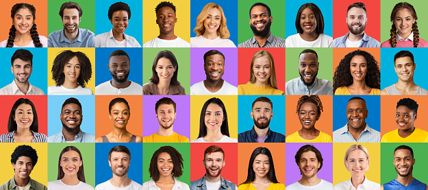 Positive multiracial people collage. Human portraits with happy facial expressions on bright colorful studio backgrounds, banner design. Diverse society, multicultural community concept