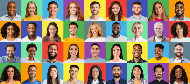 Mosaic of multiethnic people portraits expressing positivity, smiling and looking at camera on different colorful studio backgrounds, panorama. Collage of diverse human faces