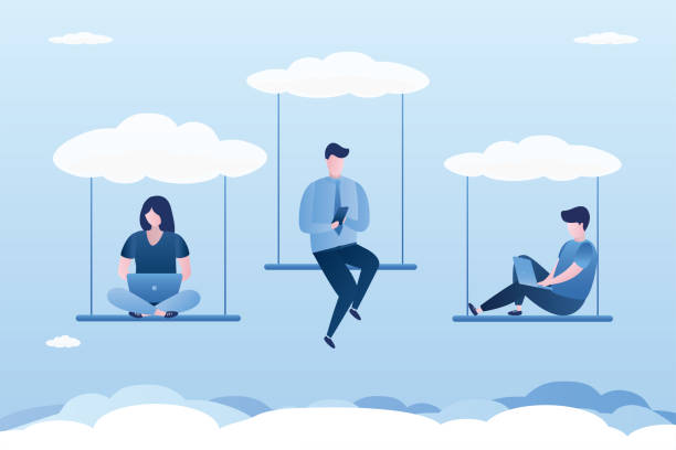 Cloud computing, remote work on company, cloud infrastructure. Technology to connect business people. Office employees working with smart gadgets on swing vector art illustration