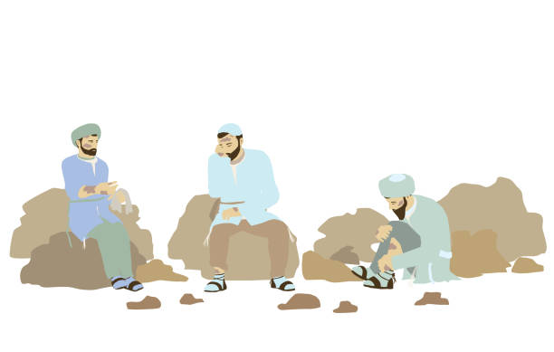 A drawing of three lepers. Unclean. Orthodox Jews in Jerusalem outside the city gates. Sit on the ground and on the rocks and treat their wounds. Traditional authentic historical attire. Isolated. Painting of lepers Treating leprosy in the past was deportation outside the camp Danger of infection Neglect and isolation of patients in the leper house in Jerusalem Past in history leprosy stock illustrations