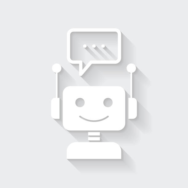 Chatbot with speech bubble. Icon with long shadow on blank background - Flat Design White icon of "Chatbot with speech bubble" in a flat design style isolated on a gray background and with a long shadow effect. Vector Illustration (EPS10, well layered and grouped). Easy to edit, manipulate, resize or colorize. Vector and Jpeg file of different sizes. robot stock illustrations