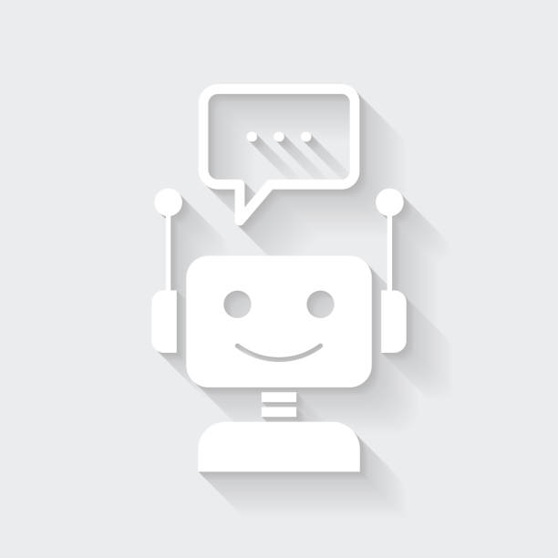 Chatbot with speech bubble. Icon with long shadow on blank background - Flat Design White icon of "Chatbot with speech bubble" in a flat design style isolated on a gray background and with a long shadow effect. Vector Illustration (EPS10, well layered and grouped). Easy to edit, manipulate, resize or colorize. Vector and Jpeg file of different sizes. light grey color code stock illustrations